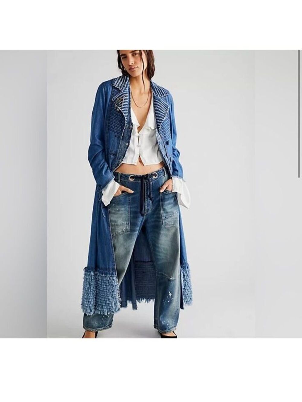 Free People Vintage Denim Long Coat with Faux Fur Trim Cotton Size M